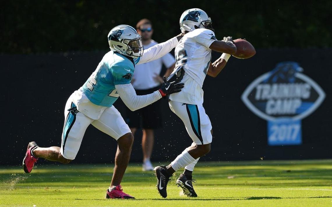 Carolina Panthers cornerback James Bradberry, left, applies pressure to wide receiver Austin Duke, right, during practice on Tuesday, August 1, 2017 at Wofford College in Spartanburg, SC.