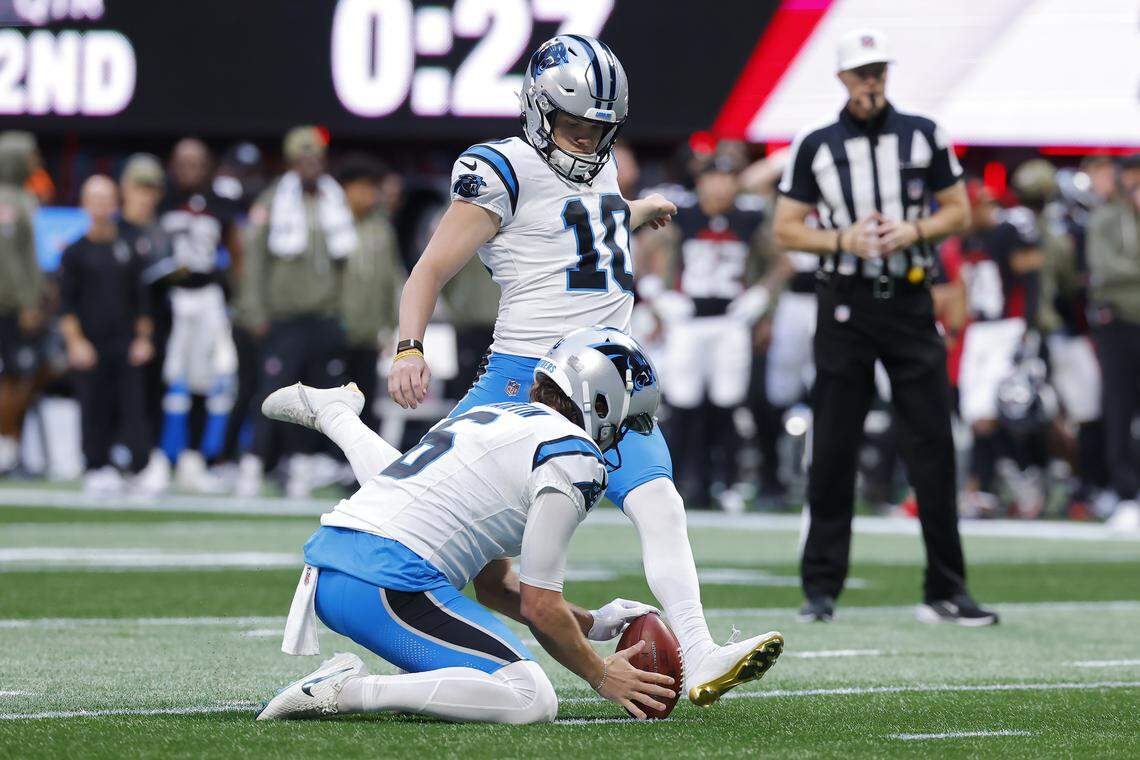 Carolina Panthers kicker Ryan Fitzgerald (10) kicks a field goal during a Nov. 16, 2025 game against the Atlanta Falcons at Mercedes-Benz Stadium in Atlanta.