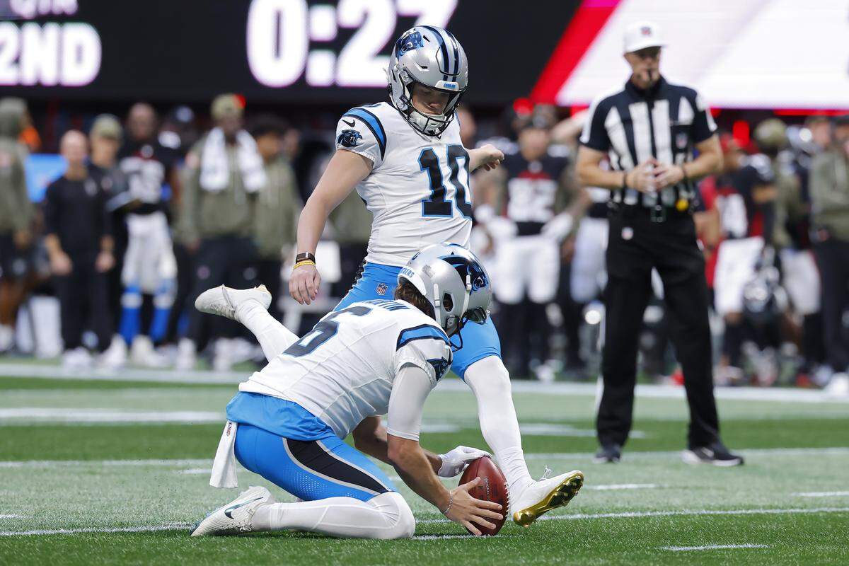 Carolina Panthers kicker Ryan Fitzgerald (No. 10) kicks a field goal during the second quarter against the Atlanta Falconson Nov. 16, 2025, at Mercedes-Benz Stadium in Atlanta.