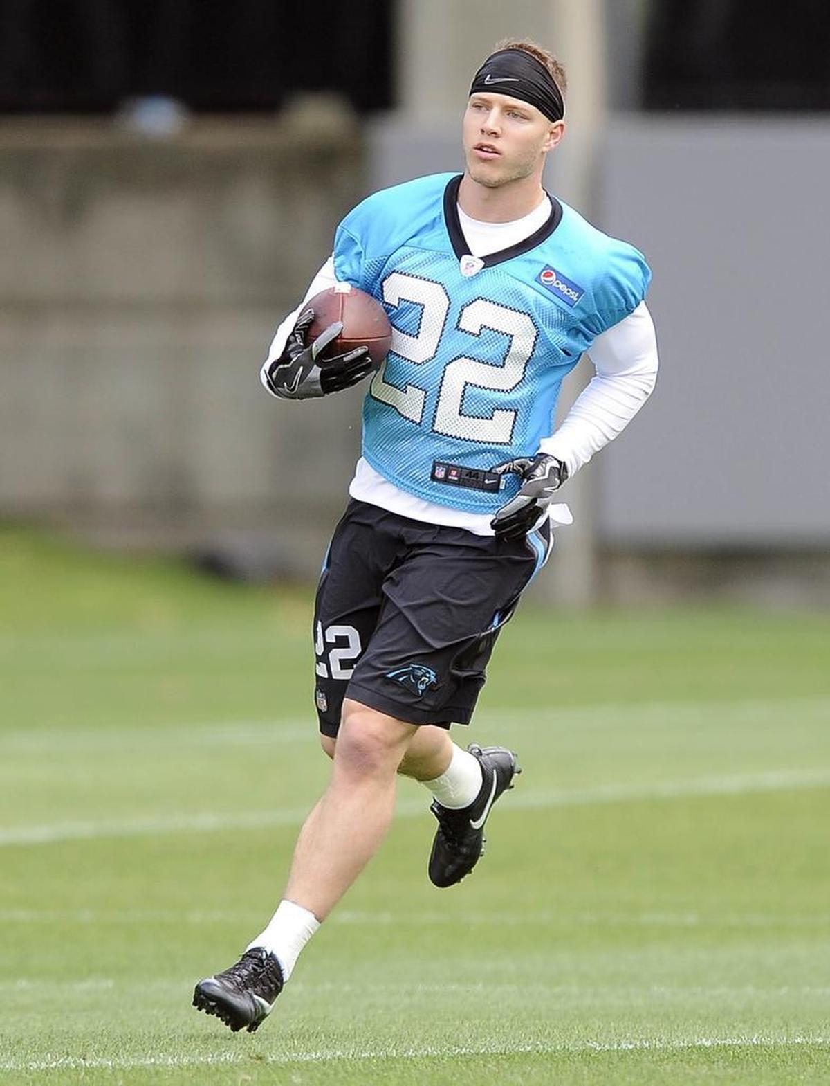 The Carolina Panthers’ Christian McCaffrey runs upfield during the first session of the team's rookie camp on Friday.
