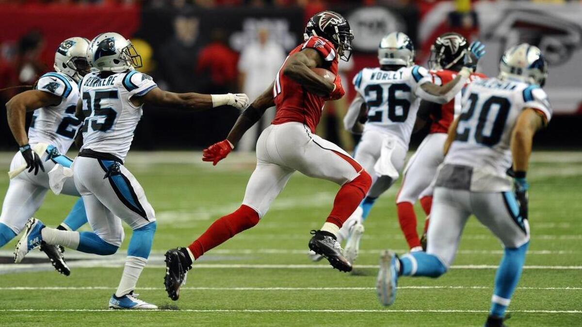 Julio Jones and the Atlanta Falcons have generally had their way with the Carolina Panthers in games played in Atlanta. On this play, Jones scored a 75-yard touchdown -- part of his 300-yard receiving day vs. the Panthers in 2016.
