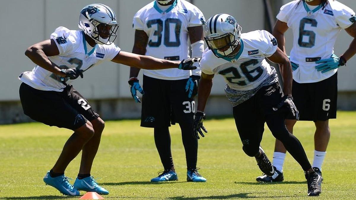 Carolina Panthers cornerbacks James Bradberry, left and Daryl Worley, right, run through a drill at practice this spring. The two second-year corners are a part of a revitialized Panthers secondary.