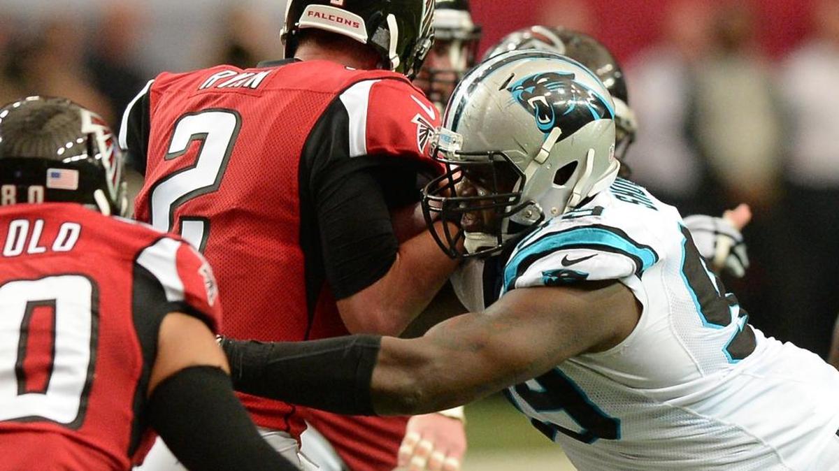 Carolina Panthers defensive tackle Kawann Short sacks Atlanta Falcons quarterback Matt Ryan during the second quarter of Sunday’s game at the Georgia Dome.