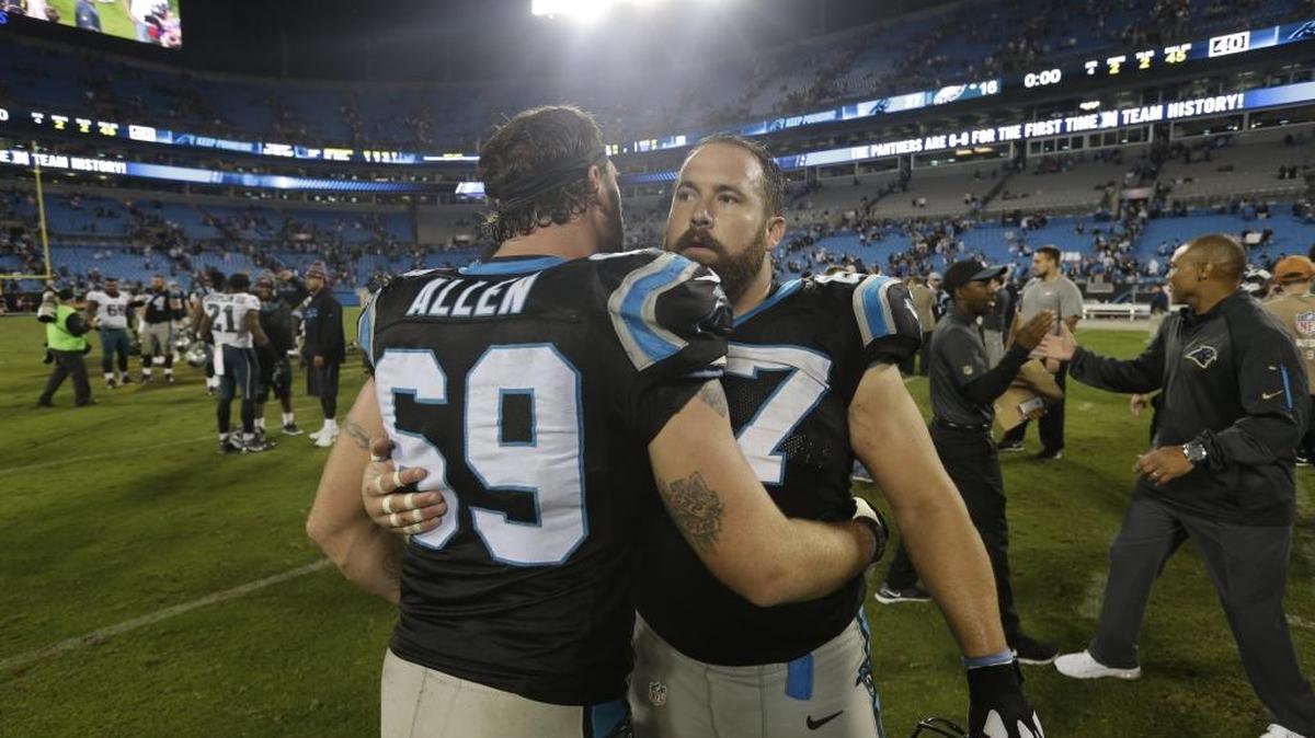 Carolina Panthers center Ryan Kalil (right) is questionable for Monday’s game against Indianapolis after a sprained ankle suffered in Carolina’s 27-16 win over the Philadelphia Eagles.