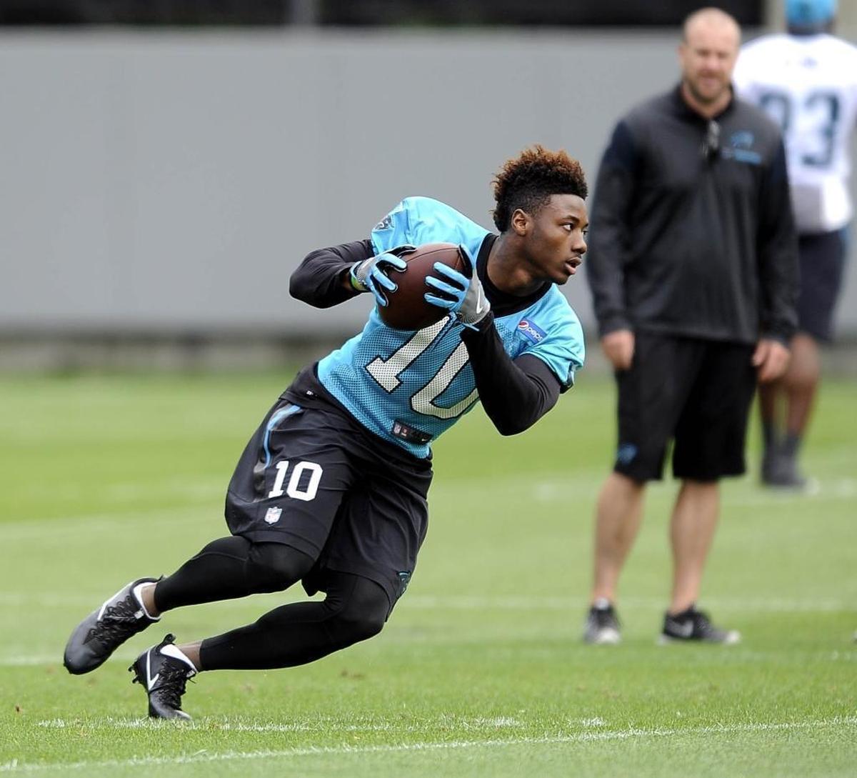 Carolina Panthers rookie wide receiver Curtis Samuel (10) heads upfield after making a reception during a Friday minicamp practice.