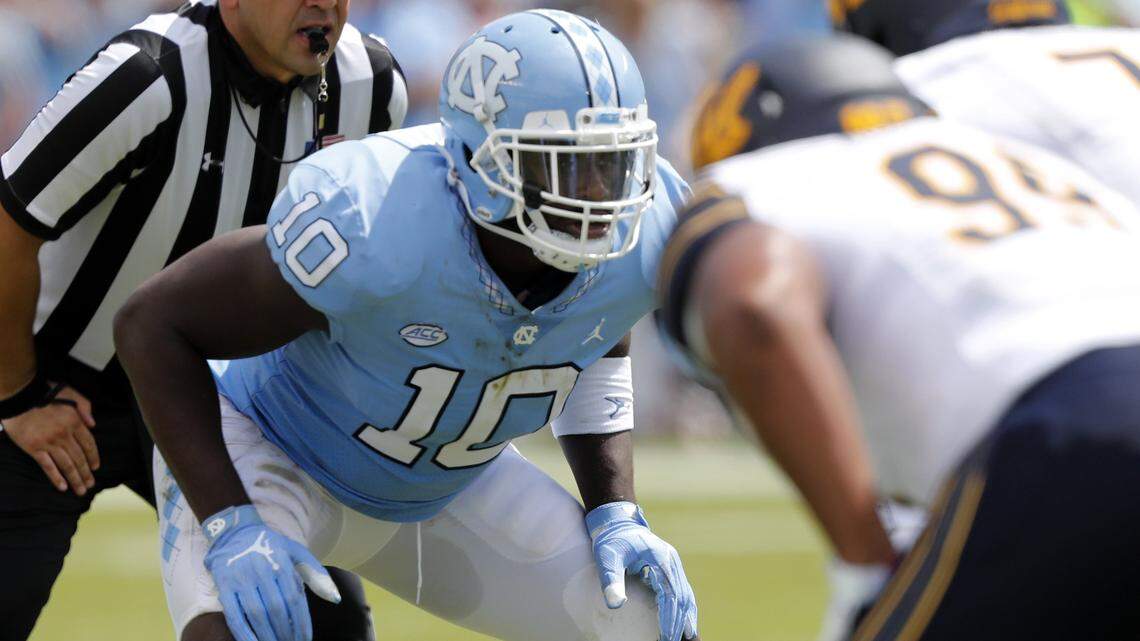 UNC's Andre Smith (10) lines up against California at Kenan Stadium in Chapel Hill, NC, on Sept. 2, 2017.  Cal beat UNC, 35-30.