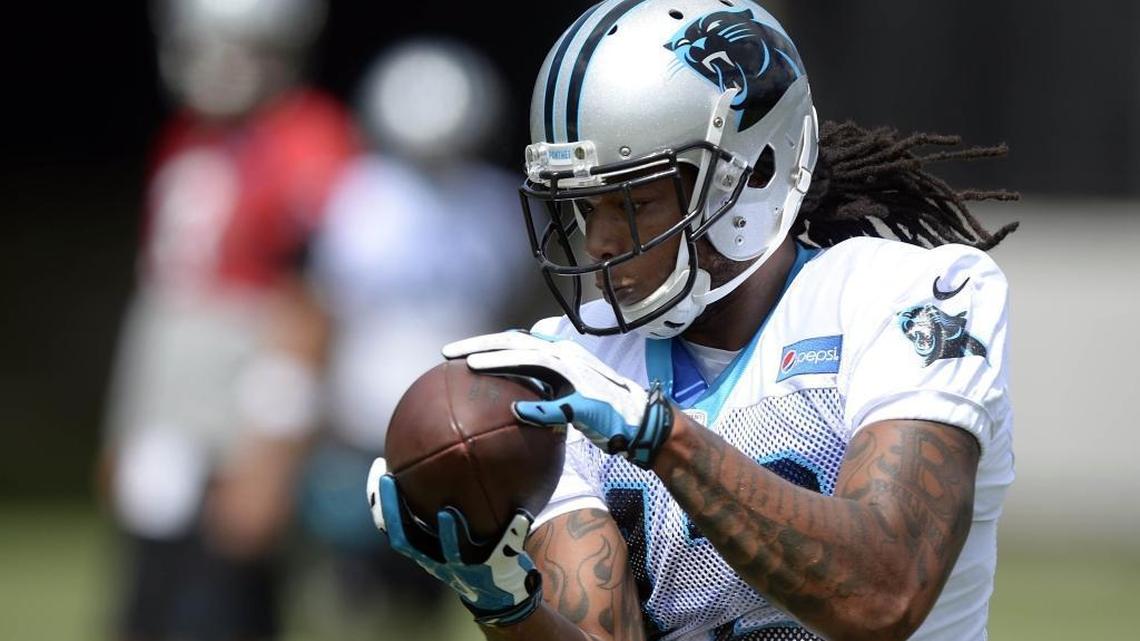 Carolina Panthers wide receiver Kelvin Benjamin makes a catch during practice Monday. Benjamin, who missed last season with a knee injury, is still focused on conditioning.