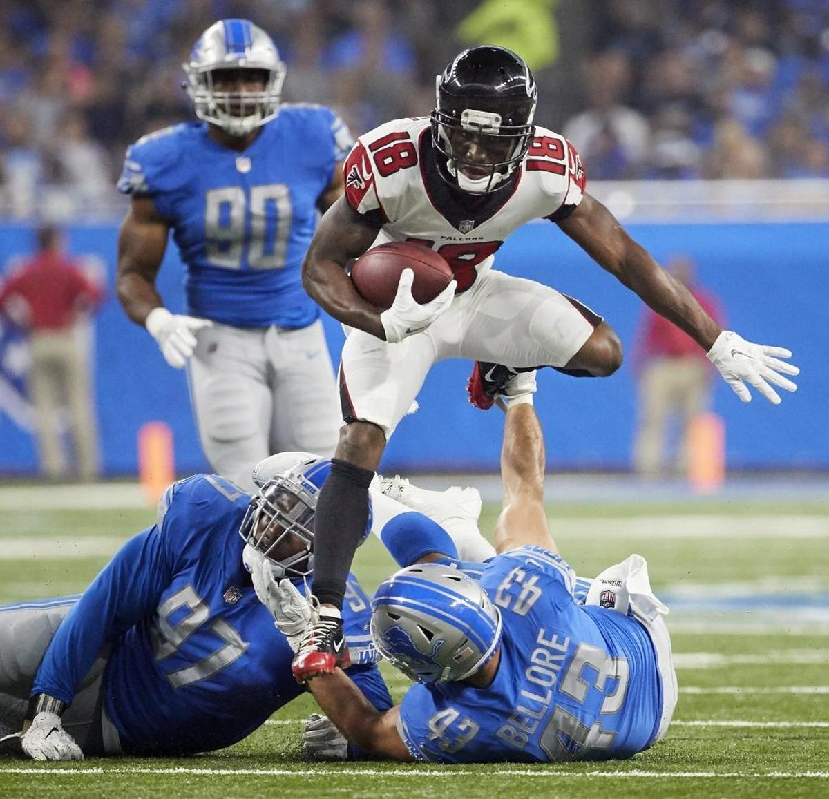 Atlanta Falcons wide receiver Taylor Gabriel (18) is the kind of speedy, shifty receiver the Panthers need to help quarterback Cam Newton.