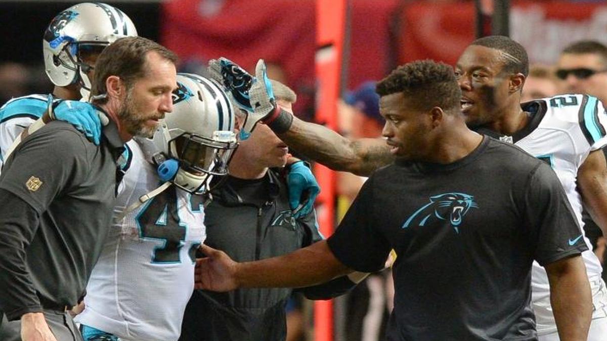 Carolina Panthers running back Jonathan Stewart, right, has missed three weeks with a sprained foot but ran on a treadmill Tuesday. He could play on Sunday, with Fozzy Whittaker (43) already declared out with a high ankle sprain.