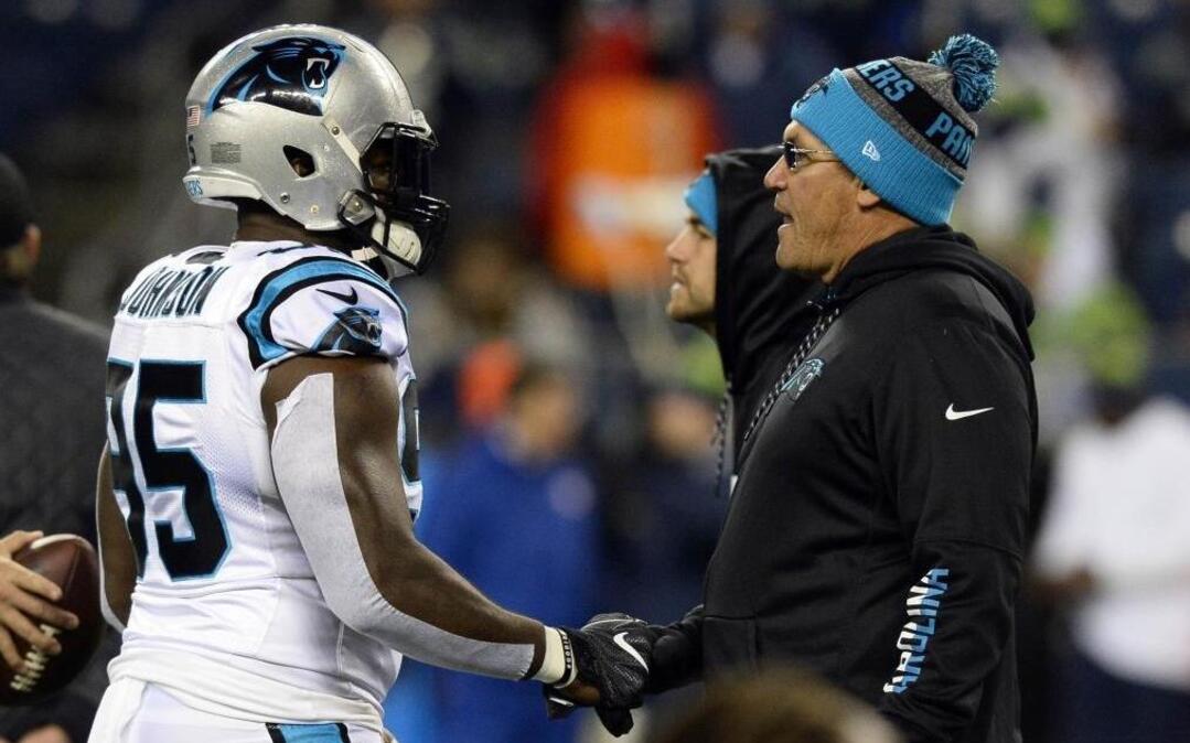 Carolina Panthers defensive end Charles Johnson (95) has played this season on a team-friendly deal, and he wants to return. Coach Ron Rivera (right) says Johnson has been the team’s most consistent defensive lineman this season.
