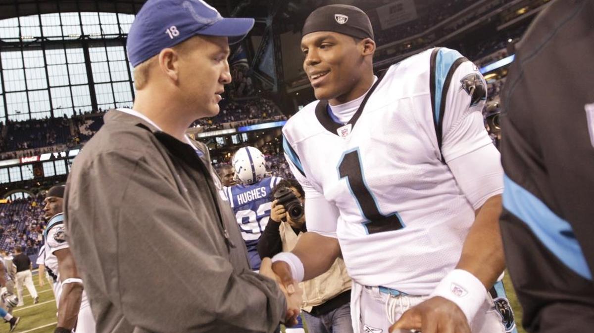 Denver Broncos quarterback Peyton Manning (left) will be matched against Carolina Panthers quarterback Cam Newton (right) in Super Bowl 50.