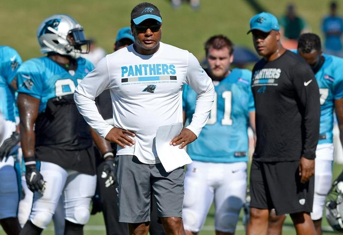 Carolina Panthers defensive coordinator Steve Wilks watches the team run through drills on Tuesday, August 1, 2017 at Wofford College in Spartanburg, SC.