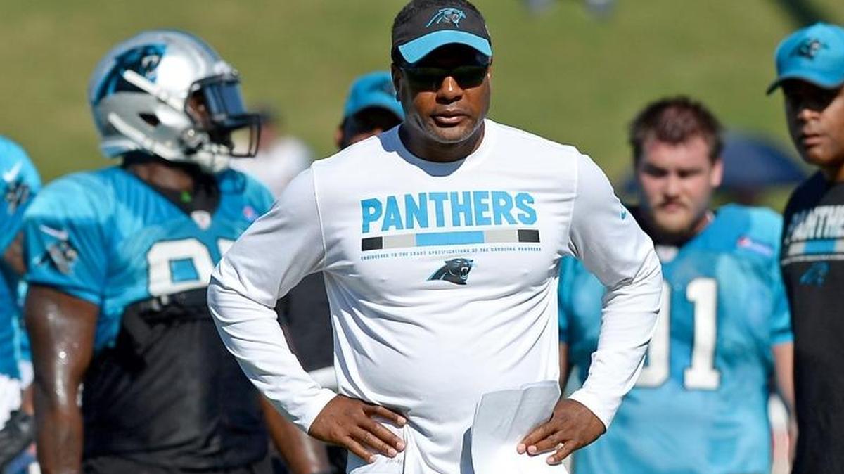 Carolina Panthers defensive coordinator Steve Wilks watches the team run through drills on Tuesday, August 1, 2017 at Wofford College in Spartanburg, SC. Wilks has emerged as a hot name for current head coaching vacancies.