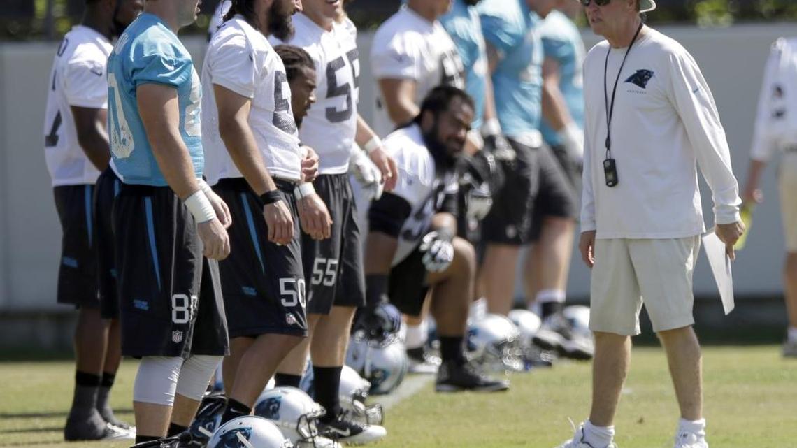 FILE - Carolina Panthers special teams coach Bruce DeHaven, right, talks with players during NFL football minicamp in Charlotte, N.C. DeHaven has decided to step down from his position and move into an advisory role with the team while continuing his battle with prostate cancer.