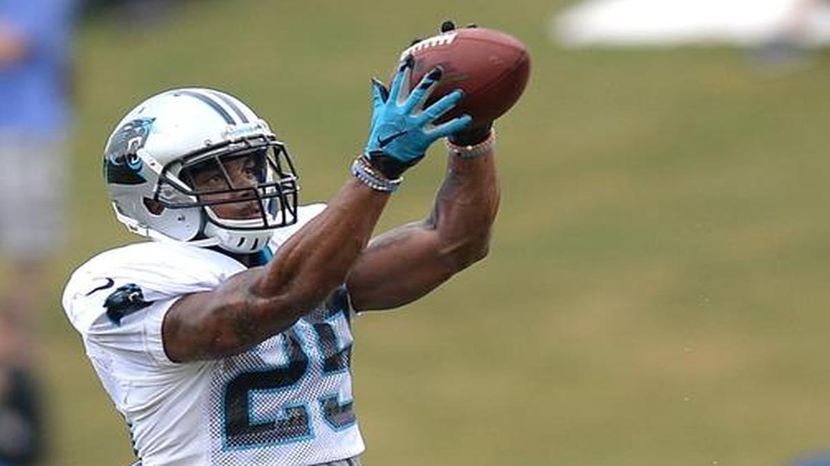 Carolina Panthers safety Dean Marlowe leaps into the air to grab a ball during a drill at practice on Wednesday at Wofford College in Spartanburg, S.C.