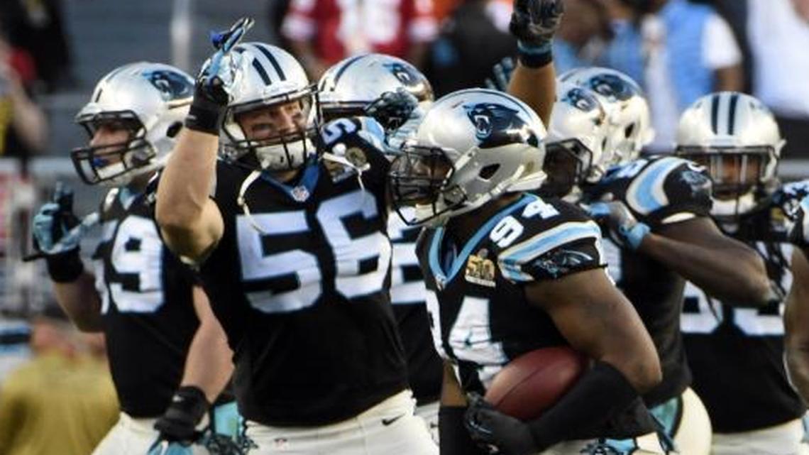 After getting three sacks, this interception, a forced fumble and a fumble recovery in Super Bowl 50, Carolina Panthers defensive end Kony Ealy (94) never lived up to the promise he showed against the Broncos that night.