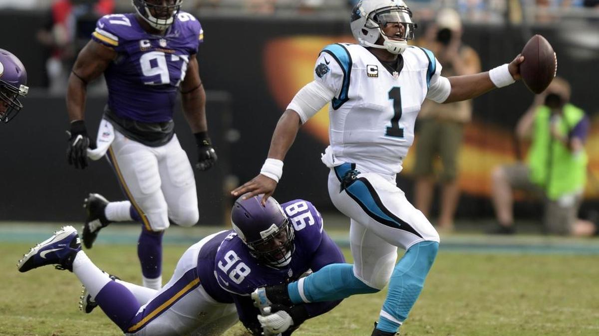 Once the Minnesota Vikings started attacking Carolina Panthers quarterback Cam Newton (1) on Sunday, they didn’t stop. The Vikings had eight sacks and three interceptions in a 22-10 victory.