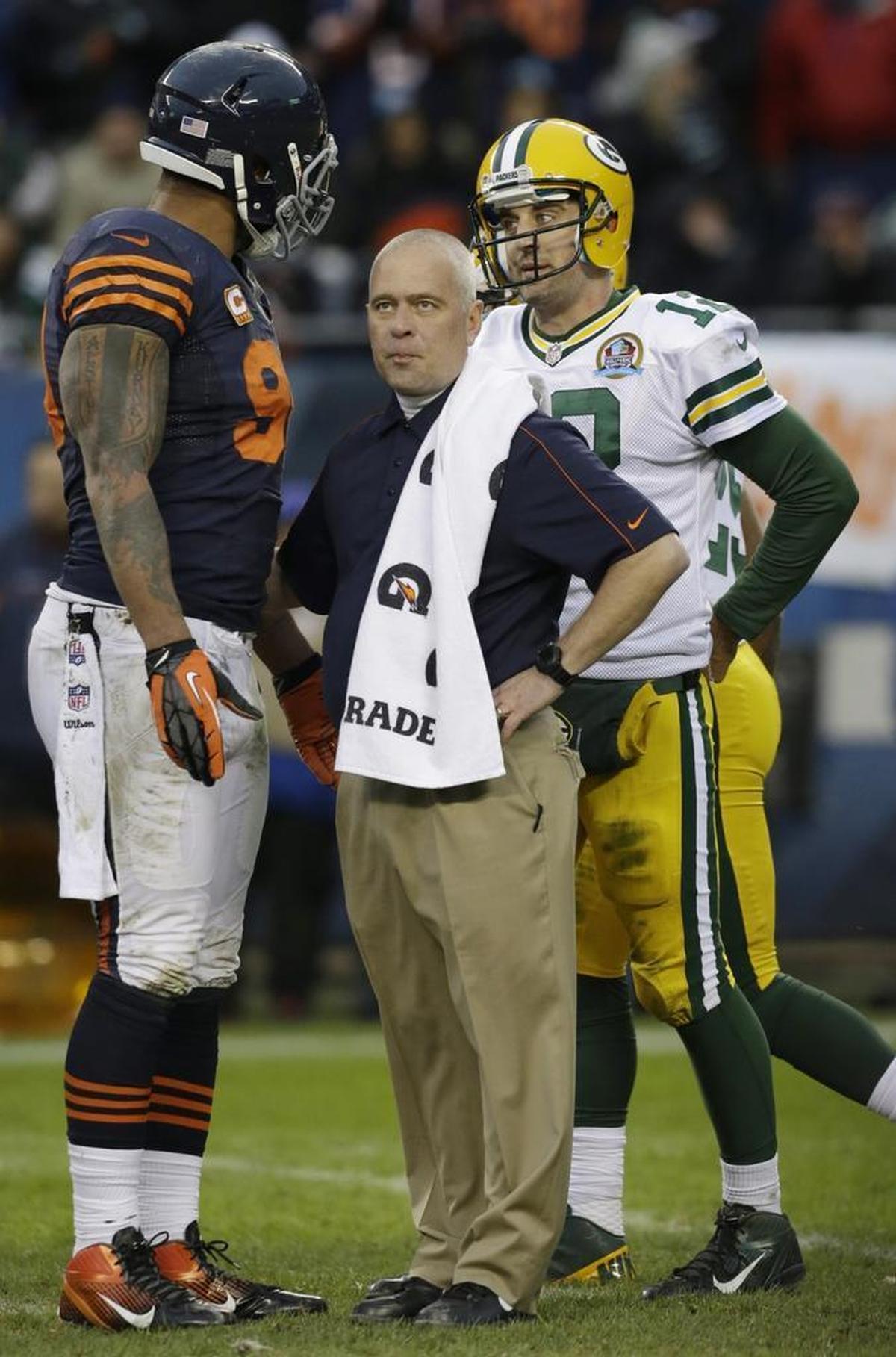Something has stood between defensive end Julius Peppers (90) and Green Bay Packers quarterback Aaron Rodgers (12) since Peppers was with the Chicago Bears in 2013, because Peppers spent the next three seasons as Rodgers’ teammate. That barrier is gone now that Peppers is with Carolina.