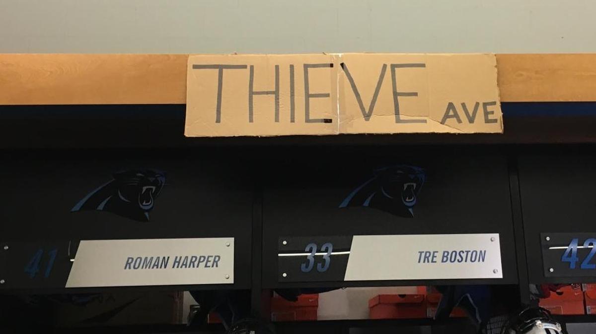 The ‘Thieve Ave.’ sign above the Carolina Panthers defensive backs’ lockers on Monday