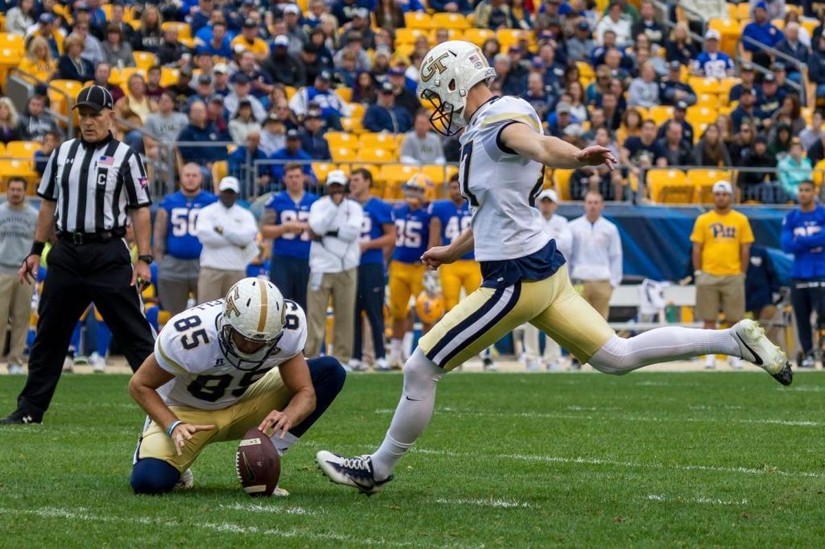 Former Georgia Tech kicker Harrison Butker attempts a field goal last season at Pittsburgh. Butker was drafted last week by the Carolina Panthers. The NFL team used a draft pick on a kicker for the first time in 23 years.