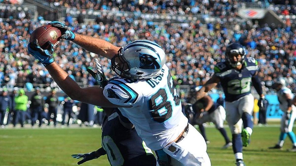 Carolina Panthers tight end Greg Olsen catches a touchdown pass from quarterback Cam Newton during the second quarter. The play gave the Panthers a 31-0 lead, and they would need all of it.