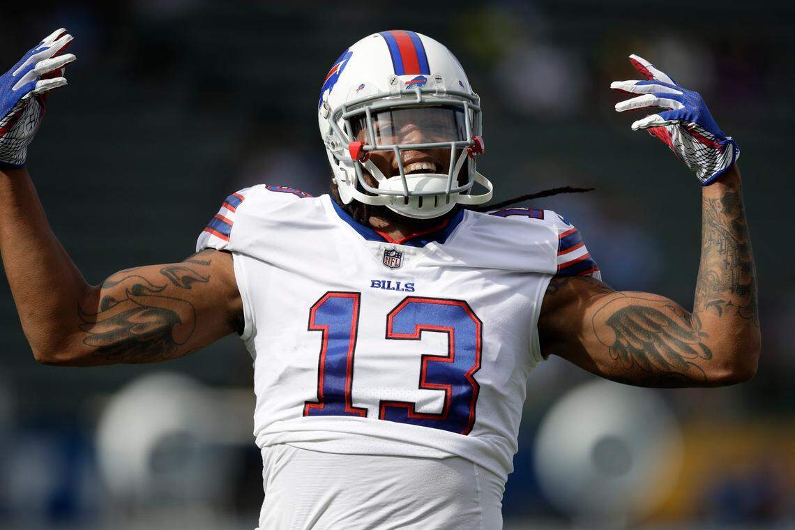 Buffalo Bills wide receiver Kelvin Benjamin watches during warm ups before an NFL football game against the Los Angeles Chargers Sunday, Nov. 19, 2017, in Carson, Calif. (AP Photo/Jae C. Hong)