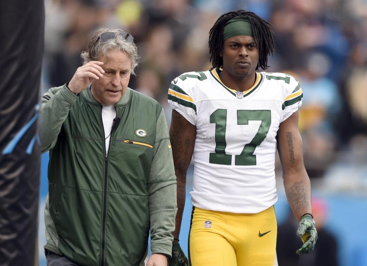 Packers wideout Davante Adams (17) remains in the NFL’s concussion protocol nearly two weeks after Panthers LB Thomas Davis’ helmet-to-helmet hit on him.