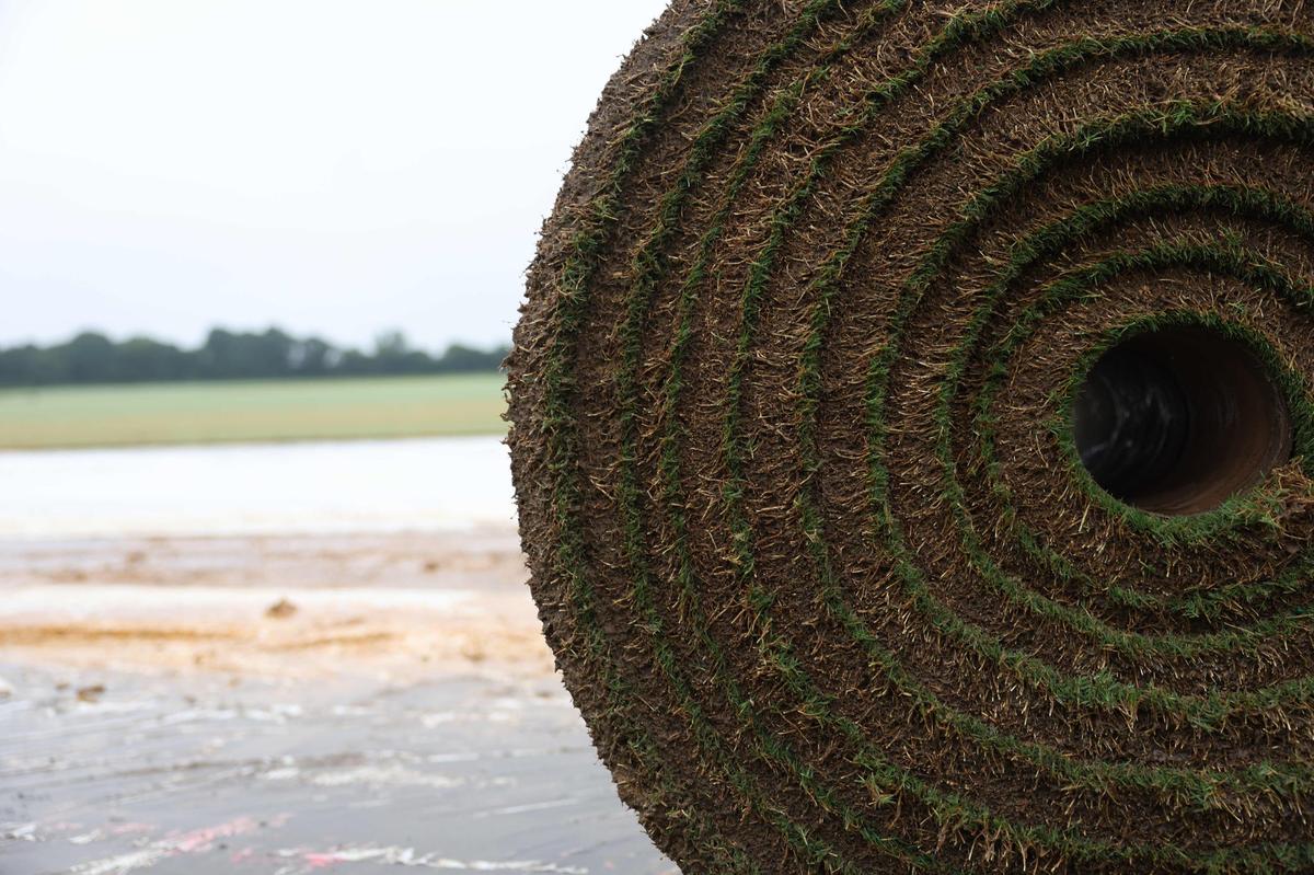 A roll of freshly harvested sod sits ready to be placed on a truck and transported for Carolina Green Corporation in Fairview, NC on Friday, July 26, 2024. Carolina Green Corp grows premium sod, works with Charlotte FC, Carolina Panthers, Kansas City Chiefs and many more college and professional teams across the country.