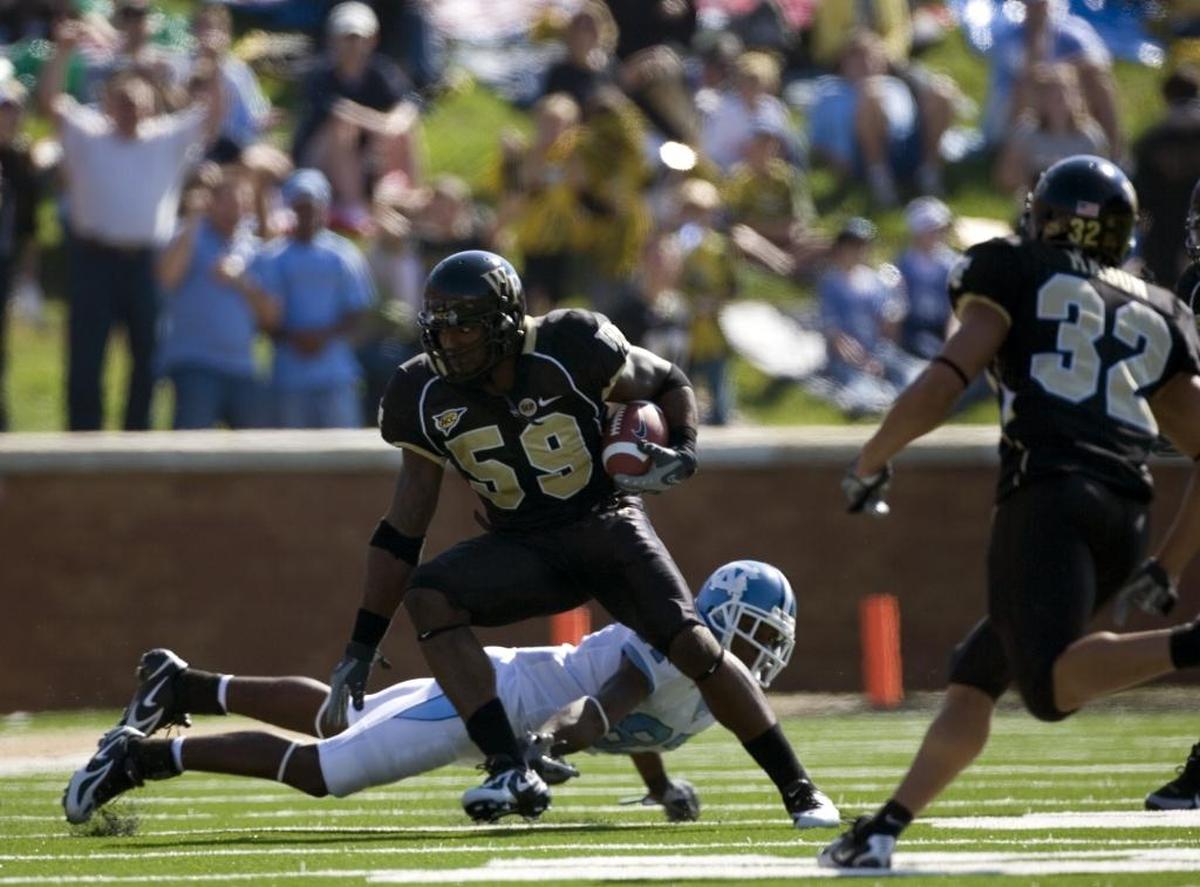 At Wake Forest, linebacker Aaron Curry (59) was one of the ACC’s most dominant players. But in the NFL, he says, he didn’t do what he needed to do to continue that dominance.