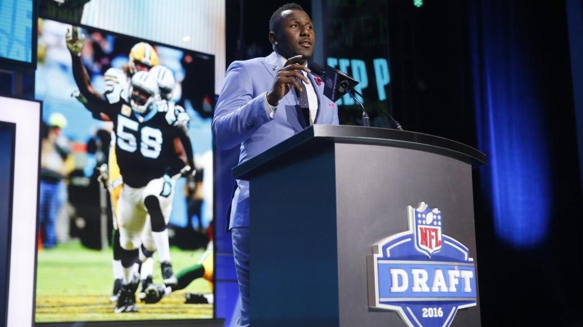 Former Walter Payton Men of the Year Thomas Davis announces that the Carolina Panthers select West Virginia's Daryl Worley as the 77th pick in the third round of the 2016 NFL football draft.