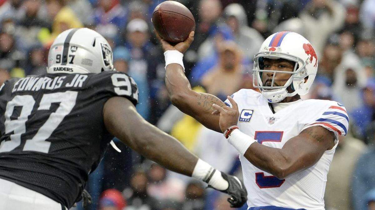 In Thursday’s game, Buffalo Bills quarterback Tyrod Taylor (5) gets a new target in Kelvin Benjamin and a New York Jets team that allowed a league-high 17 passing touchdowns this year.