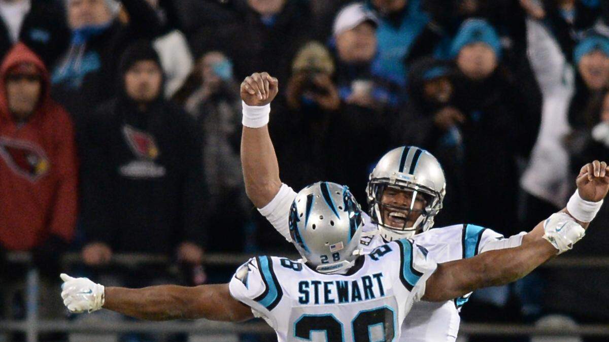 Jonathan Stewart celebrates Cam Newton's touchdown in the second quarter at Bank of America Stadium in Charlotte, NC on Sunday, January 24, 2016. The Panthers hosted the Arizona Cardinals in the NFC Championship game.