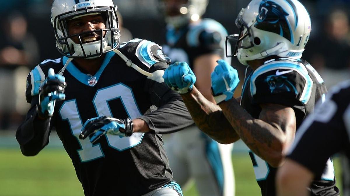 Carolina Panthers wide receivers Philly Brown, left, and Ted Ginn, Jr., right, celebrate Ginn's touchdown vs the Atlanta Falcons.