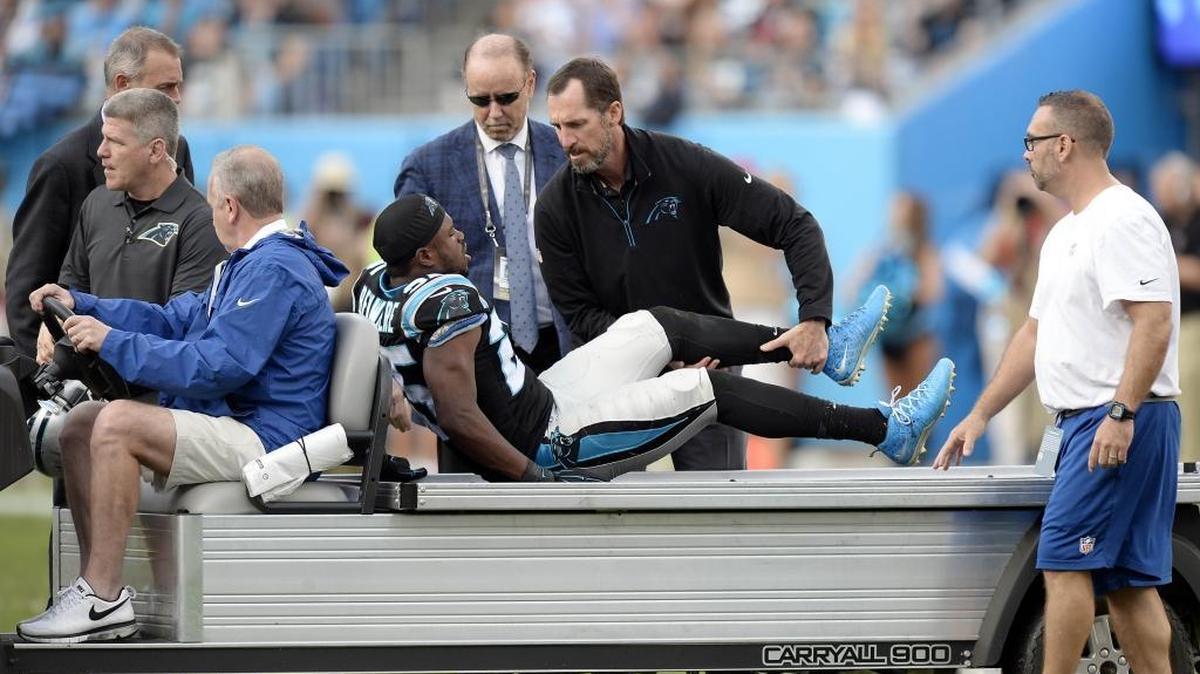 Carolina Panthers cornerback Bené Benwikere (25), injured in the fourth quarter against the Atlanta Falcons at Bank of America Stadium on Dec. 13, spent team workouts during the offseason helping rookie cornerbacks adjust to the NFL.