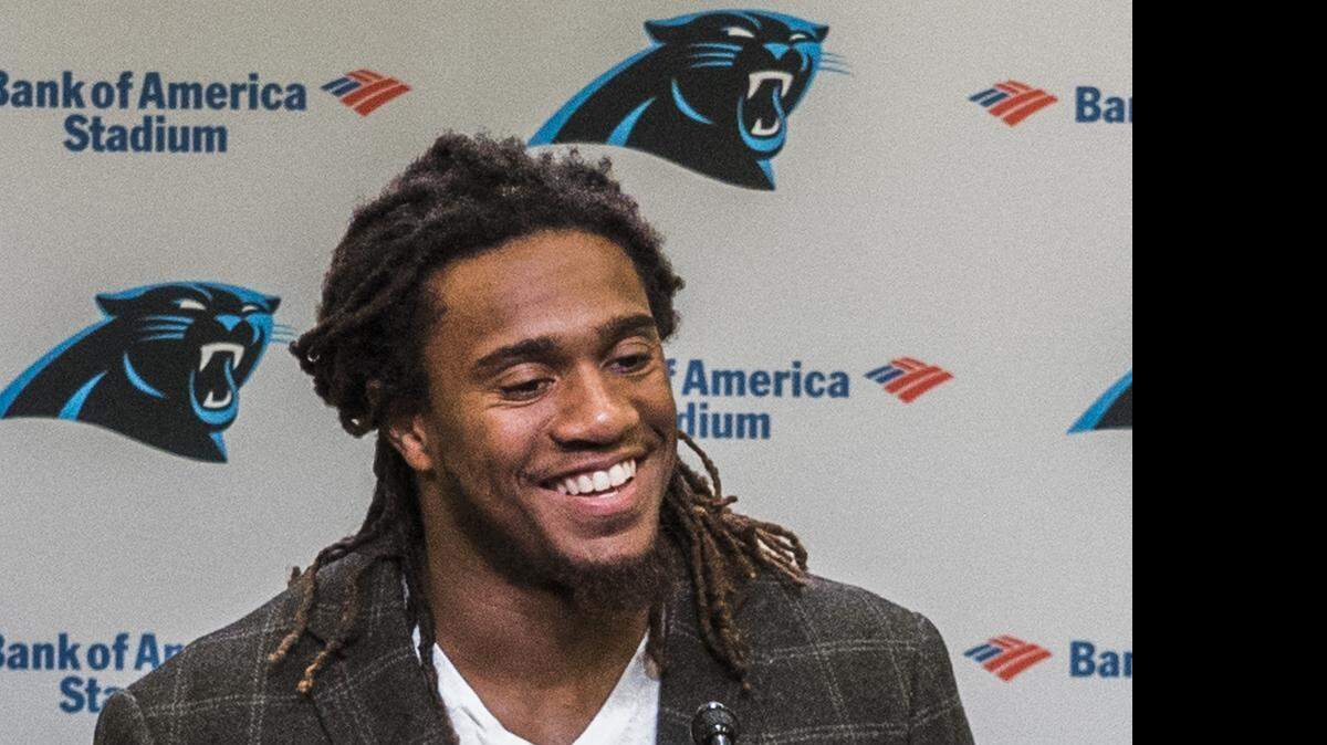 
The Carolina Panthers’ first-round draft pick Shaq Thompson meets the press on Friday, May 1, 2015 at Bank of America Stadium in Charlotte.
