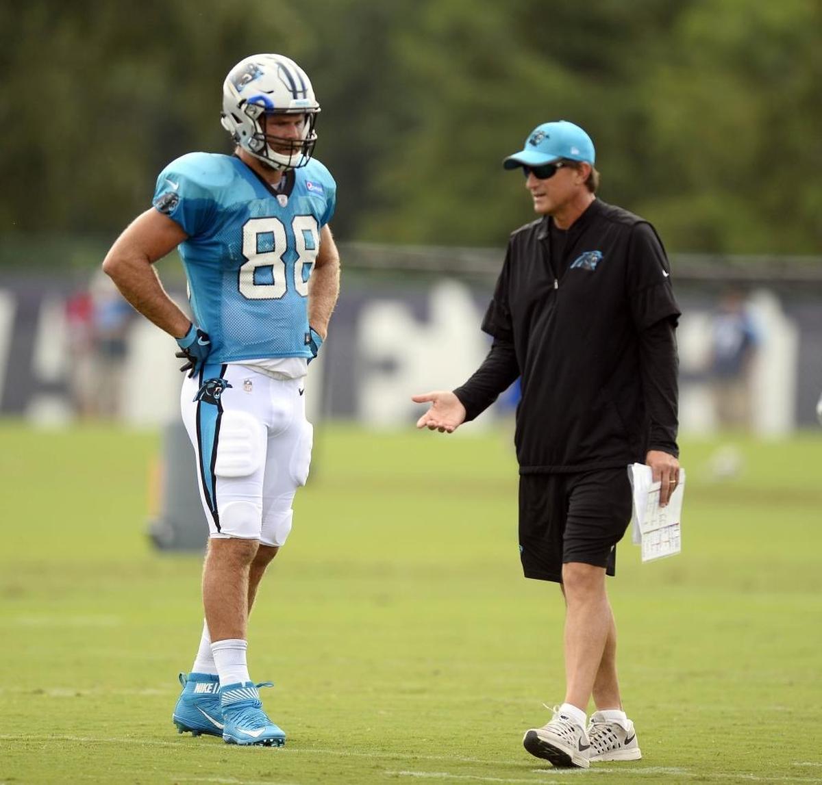 Carolina Panthers tight end Greg Olsen (88) talks with offensive coordinator Mike Shula on Wednesday. Olsen has asked for a contract extension, but a source said Wednesday that nothing is imminent.