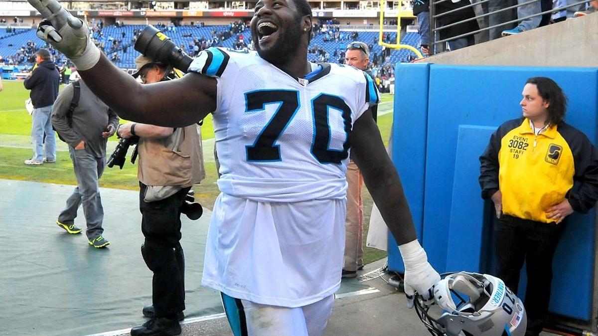 Carolina Panthers guard Trai Turner chats with fans following the team's 27-10 victory over the Tennessee Titans at Nissan Stadium in Nashville, TN. on Sunday, November 15, 2015.
