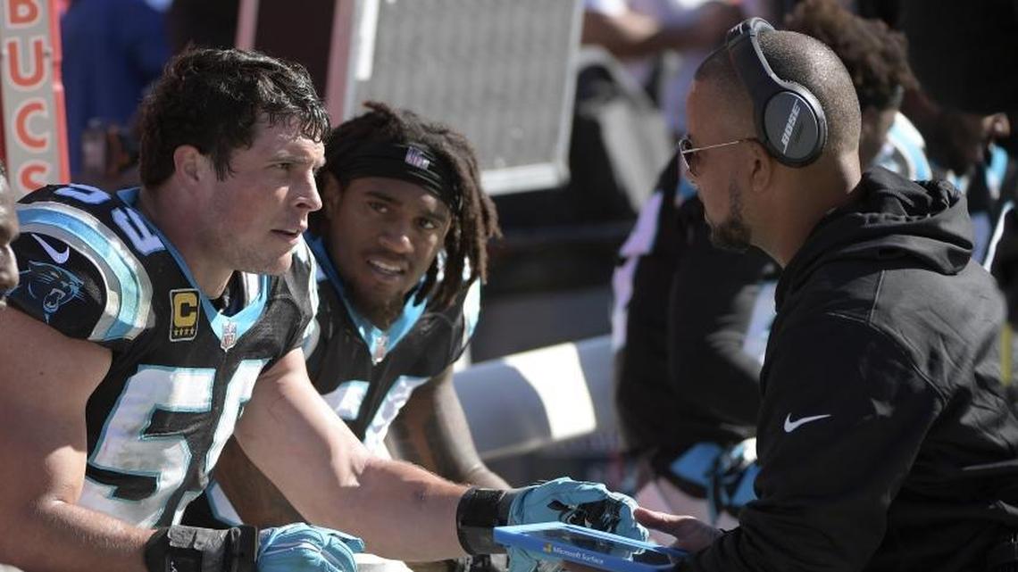 During his first stint with the Carolina Panthers from 2013 to 2017, current interim defensive coordinator Al Holcomb served as a linebackers coach, working with Thomas Davis Sr. (left) and Luke Kuechly (middle).
