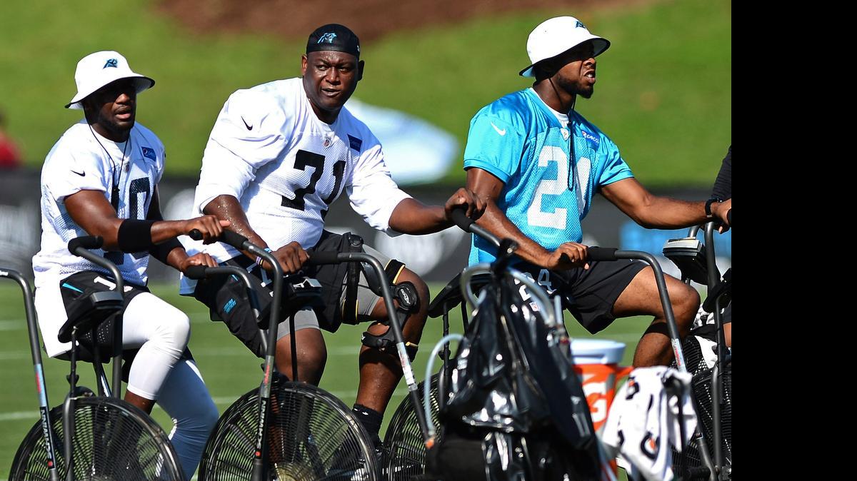 
Edmund Kugbila (center) spent the majority of his two-year career with the Panthers rehabbing various injuries. Carolina waived the former fourth-round pick Wednesday.
