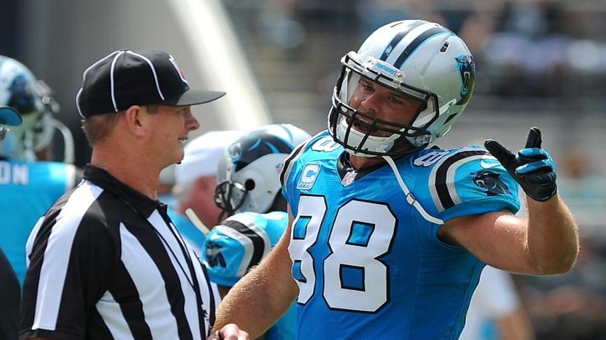 
Carolina Panthers tight end Greg Olsen, right, speaks to an official after a call during first quarter action vs the Jacksonville Jaguars at EverBank Field in Jacksonville, FL on Sunday, September 13, 2015. The Panthers defeated the Jaguars 20-9. 
