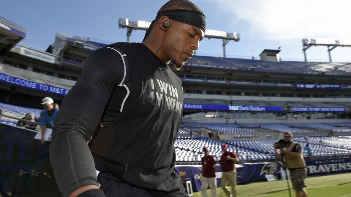 Carolina Panthers quarterback Cam Newton arrives for an NFL preseason football game Baltimore Ravens Thursday in Baltimore.