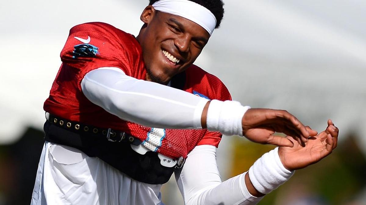 Carolina Panthers quarterback Cam Newton jokes around during practice on Saturday, July 29, 2017 at Wofford College in Spartanburg, SC.