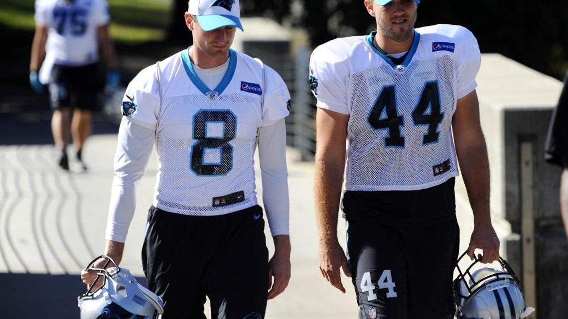 Carolina Panthers long snaper J.J. Jansen (44), walking with punter Brad Nortman, was limited in Tuesday’s practice and could go into the NFL’s concussion protocol.