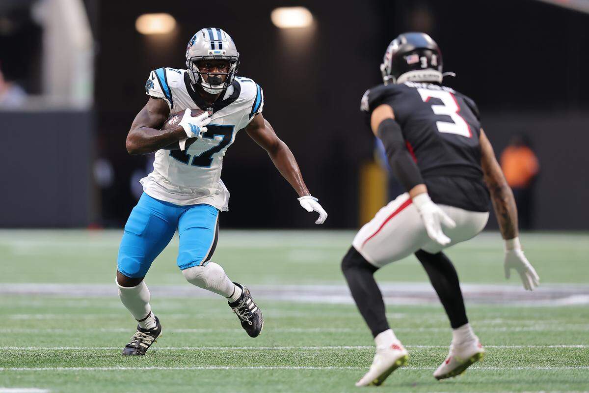 Carolina’ Panthers receiver Xavier Legette runs the ball against Jessie Bates III f the Atlanta Falcons during Sunday’s third quarter at Mercedes-Benz Stadium in Atlanta.