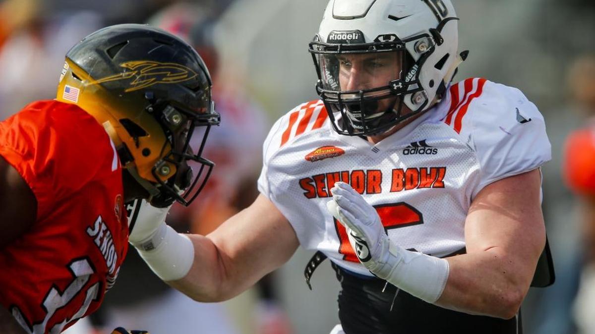 Inside linebacker Connor Harris (16) of Lindenwood (N.J.) broke the all-division NCAA record for tackles with 633 and was the small college defensive player of the year. This week at the Senior Bowl he’s getting a chance to prove he can compete with players from bigger schools.