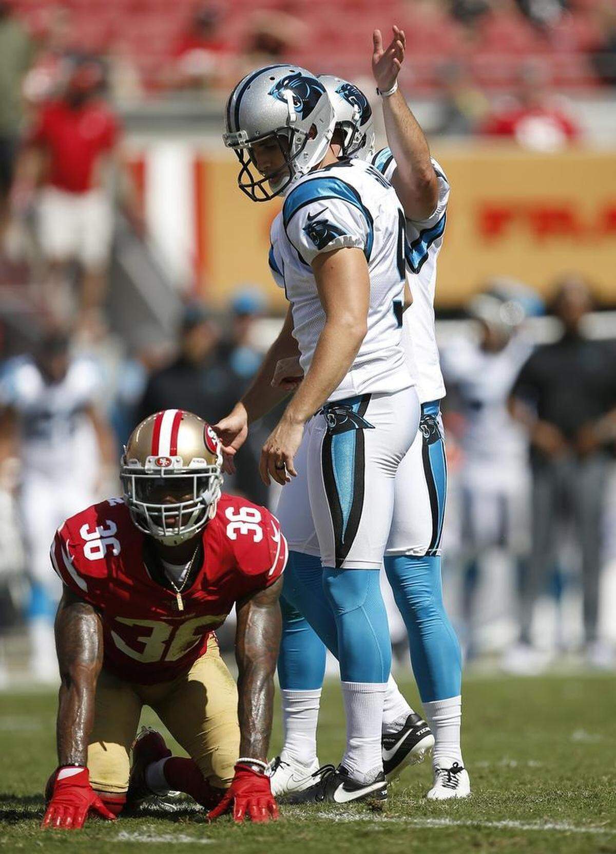 Carolina Panthers kicker Graham Gano, center, hit all three of his field goal attempts and drilled all of his kickoffs through the back of the end zone in Sunday’s win against the 49ers.