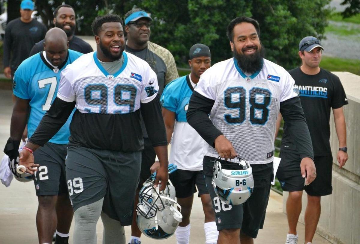 Carolina Panthers defensive tackle Kawann Short, left, earned a lucrative extension in the offseason. Fellow defensive tackle Star Lotulelei, drafted a round earlier than Short in 2013, hopes to earn his payday, too.