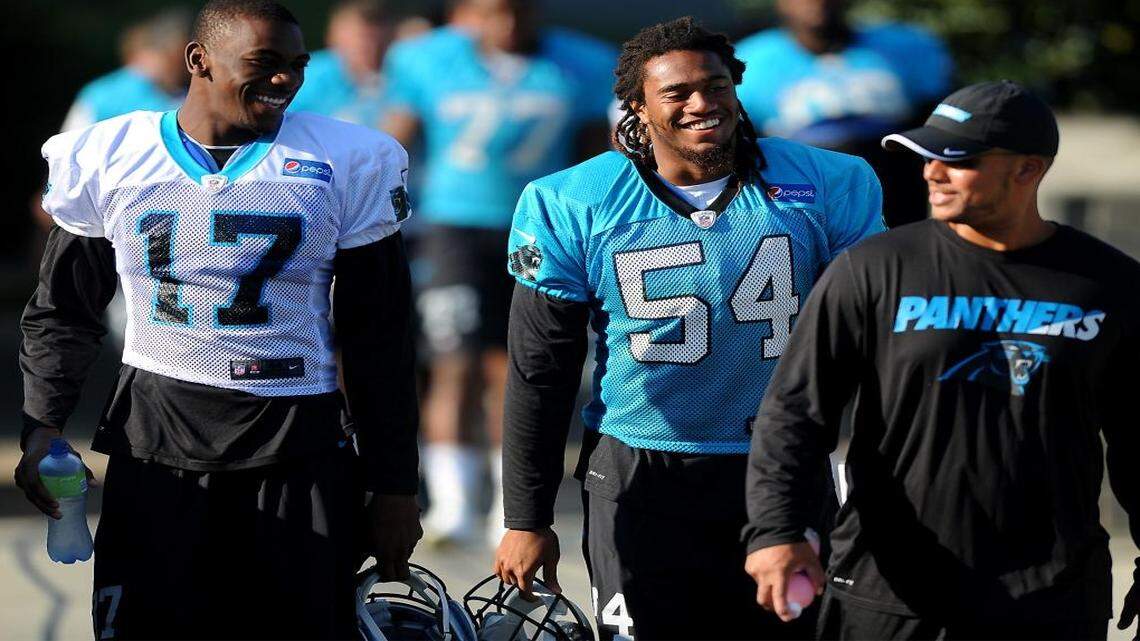 
Carolina Panthers wide receiver Devin Funchess (17) and linebacker Shaq Thompson laugh walk to practice on Tuesday. Funchess, who had tightness in his troublesome left hamstring on Monday, is on schedule to play in Thursday’s final exhibition.
