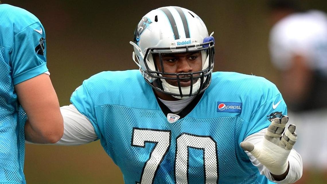 Carolina Panthers guard Trai Turner works on technique during practice on Thursday, August 4, 2016 at Wofford College in Spartanburg, SC.