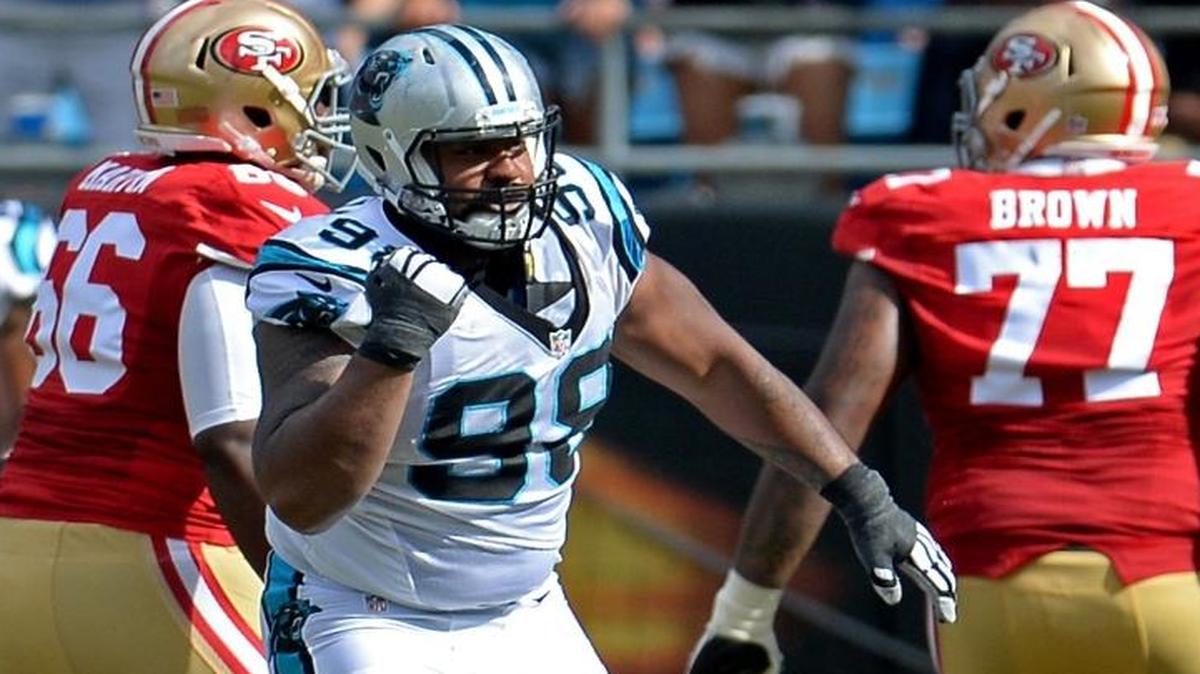 Carolina Panthers defensive tackle Star Lotulelei (98) celebrates his sack of San Francisco 49ers quarterback Blaine Gabbert during the fourth quarter as the Panthers defeated the 49ers 46-27.
